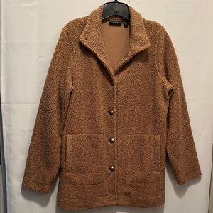 Susan Graver Brown Teddy Jacket metal rounded buttons 2 pocket USED Size M